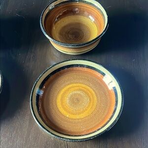 Gorgeous Sunset Glazed Pottery 2pc. Mini Bowl & Rimmed Plate Artist Signed Clay